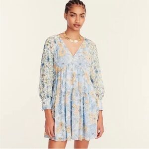 BOGO! NWT J. Crew Floral Mixed Print Crinkle Chiffon Long Sleeve Dress Blue 2